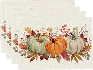 RABUSOFA Orange Pumpkins Eucalyptus Leaves Fall Placemats Set of 4, 12x18 Inch Autumn Thanksgiving Holiday Table Mats for Party Kitchen Dining Decor RABUSOFA Orange Pumpkins Eucalyptus Leaves Fall Placemats Set of 4, 12x18 Inch Autumn Thanksgiving Holiday Table Mats for Party Kitchen Dining Decor