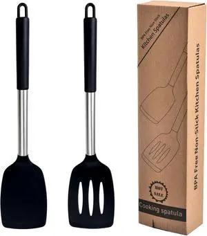 2-Pack Silicone Solid & Slotted Turner Spatulas, Non-Stick Heat Resistant Cooking Utensils for Eggs, Fish & Pancakes, Stainless Steel/Black Handle 2-Pack Silicone Solid & Slotted Turner Spatulas, Non-Stick Heat Resistant Cooking Utensils for Eggs, Fish & Pancakes, Stainless Steel/Black Handle