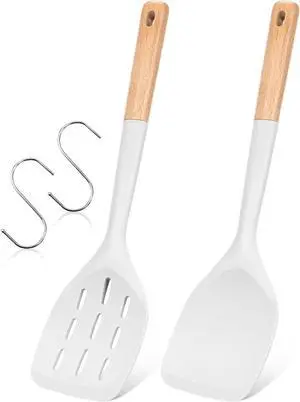 Badiano Silicone Spatula, Non Stick Turner for Cooking, Food Grade, White | Heat Resistant, Flexible Edge, 2 Pack Wooden Handle Kitchen Turner for Baking Mixing Grilling Serving Food Badiano Silicone Spatula, Non Stick Turner for Cooking, Food Grade, White | Heat Resistant, Flexible Edge, 2 Pack Wooden Handle Kitchen Turner for Baking Mixing Grilling Serving Food