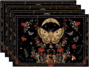 Artoid Mode Black Poppy Moth Moon Placemats Set of 4, 12x18 Inch Floral Spring Table Mats for Outdoor Home Party Kitchen Dining Decor Artoid Mode Black Poppy Moth Moon Placemats Set of 4, 12x18 Inch Floral Spring Table Mats for Outdoor Home Party Kitchen Dining Decor