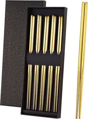 Gold Stainless Steel Chopsticks - Reusable Chopsticks - 5 Pairs Dishwasher Safe Metal Chopsticks - Easy to Use - Pressure Line Lightweight Chop Sticks- Gift Set9 Inch Gold Stainless Steel Chopsticks - Reusable Chopsticks - 5 Pairs Dishwasher Safe Metal Chopsticks - Easy to Use - Pressure Line Lightweight Chop Sticks- Gift Set9 Inch