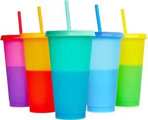 Color Changing Cups, 5 Pack 24oz Plastic Tumblers, Reusable Iced Coffee & Smoothie Cups with Lids and Straws for Parties and Travel (5 Change, 5 Packs) Color Changing Cups, 5 Pack 24oz Plastic Tumblers, Reusable Iced Coffee & Smoothie Cups with Lids and Straws for Parties and Travel (5 Change, 5 Packs)