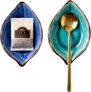 2-Pack Leaf Ice-Cracked Ceramic Coffee Spoon Rest & Tea Bag Holder with 2 Gold Spoons - Small Teabag Saucer for Coffee Bar Accessories - Cute Dipping Sauce Dish & Stirring Spoon Holder Set 2-Pack Leaf Ice-Cracked Ceramic Coffee Spoon Rest & Tea Bag Holder with 2 Gold Spoons - Small Teabag Saucer for Coffee Bar Accessories - Cute Dipping Sauce Dish & Stirring Spoon Holder Set