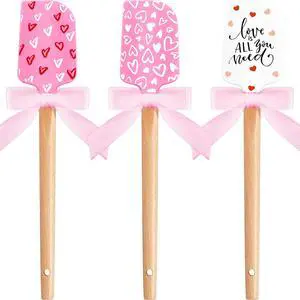 3 Pcs Valentine Silicone Spatulas with Wooden Handles Valentine Pattern Heat Resistant Baking Silicone Spatulas with Pink Satin Ribbon Bows for Baking, Cooking and Sauteing 3 Pcs Valentine Silicone Spatulas with Wooden Handles Valentine Pattern Heat Resistant Baking Silicone Spatulas with Pink Satin Ribbon Bows for Baking, Cooking and Sauteing