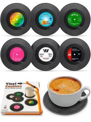 6Pcs Vinyl Coasters for Drinks, 4.1" Size, Durable & Heat-Resistant | Mini Record Coasters for Drinks to Protect Desk & Bar; Fun Gift for Music & Vinyl Fans, Suitable for Office 80s Home Decor 6Pcs Vinyl Coasters for Drinks, 4.1" Size, Durable & Heat-Resistant | Mini Record Coasters for Drinks to Protect Desk & Bar; Fun Gift for Music & Vinyl Fans, Suitable for Office 80s Home Decor