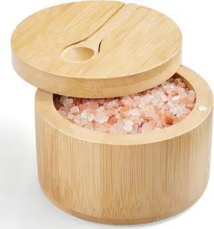 OUTNILI Salt Box Bowl with Lid and Spoon - Bamboo Salt Cellar with 360° Swivel Lid - Salt Container Holder for Sea Salt Herbs or Favorite Seasonings, 7 Ounce Capacity OUTNILI Salt Box Bowl with Lid and Spoon - Bamboo Salt Cellar with 360° Swivel Lid - Salt Container Holder for Sea Salt Herbs or Favorite Seasonings, 7 Ounce Capacity