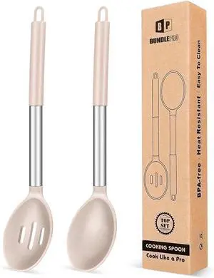 BUNDLEPRO Silicone Cooking Spoons for Non Stick Cookware, 2 Pack, KHAKI | Heat Resistant, Large Kitchen Spoons for Mixing, Serving, Draining, Stirring BUNDLEPRO Silicone Cooking Spoons for Non Stick Cookware, 2 Pack, KHAKI | Heat Resistant, Large Kitchen Spoons for Mixing, Serving, Draining, Stirring