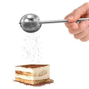 Stainless Steel Flour Duster, 7" x 2", Spring Handle, One-Handed | Dishwasher Safe Flour Shaker Duster, Perforated Side Dusts and Solid Side Scoops; for Cocoa, Cinnamon and Powdered Sugar Stainless Steel Flour Duster, 7" x 2", Spring Handle, One-Handed | Dishwasher Safe Flour Shaker Duster, Perforated Side Dusts and Solid Side Scoops; for Cocoa, Cinnamon and Powdered Sugar