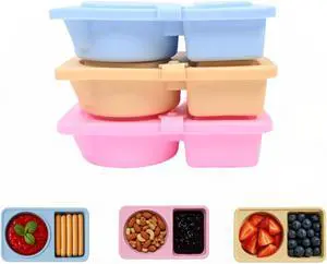 Reusable Silicone Snack Containers with Lid - 3 Pack Double Compartment Snack Containers with Lids, To Go Containers Two Section for Salad/Souse/Take-Out/Travel Reusable Silicone Snack Containers with Lid - 3 Pack Double Compartment Snack Containers with Lids, To Go Containers Two Section for Salad/Souse/Take-Out/Travel