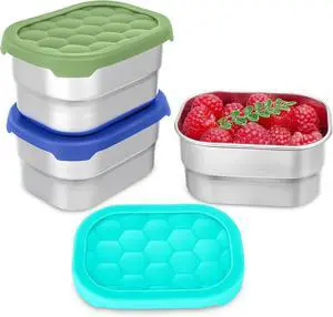 Gencywe® 3 Pack Stainless Steel Snack Containers for Kids, 8 oz Easy Open Leak Proof Small Toddler Snack Containers with Silicone Lids, Stackable Metal Lunch Box for Daycare and School (Blue) Gencywe® 3 Pack Stainless Steel Snack Containers for Kids, 8 oz Easy Open Leak Proof Small Toddler Snack Containers with Silicone Lids, Stackable Metal Lunch Box for Daycare and School (Blue)