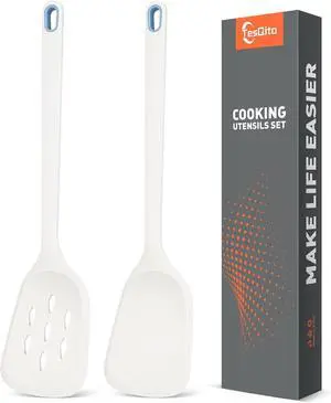 Silicone Spatula Set of 2 Pack, Heat Resistant Kitchen Spatulas (White) | BPA Free Solid & Slotted Turner for Nonstick Cookware, One-Piece Design, Suitable for Cooking, Sautéing, Frying and Flipping Silicone Spatula Set of 2 Pack, Heat Resistant Kitchen Spatulas (White) | BPA Free Solid & Slotted Turner for Nonstick Cookware, One-Piece Design, Suitable for Cooking, Sautéing, Frying and Flipping