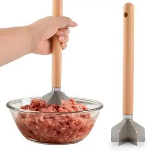 Stainless Steel Meat Chopper, Metal Potato Masher, Heavy Duty Mashing Head & Wooden Handle, Rust prevention & Sturdy Ground Meat Smasher for Hamburger, Beef, Turkey or Potatoes (COLOR:Beech Wood) Stainless Steel Meat Chopper, Metal Potato Masher, Heavy Duty Mashing Head & Wooden Handle, Rust prevention & Sturdy Ground Meat Smasher for Hamburger, Beef, Turkey or Potatoes (COLOR:Beech Wood)