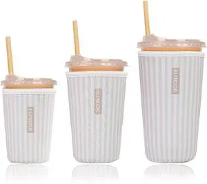Reusable Insulated Sleeve for Iced Coffee Cup, 3-Pack Coffee Neoprene Drink Sleeve for Cold & Hot Drinks, Beverage Holder for Iced Coffee (Cream Stripes) Reusable Insulated Sleeve for Iced Coffee Cup, 3-Pack Coffee Neoprene Drink Sleeve for Cold & Hot Drinks, Beverage Holder for Iced Coffee (Cream Stripes)