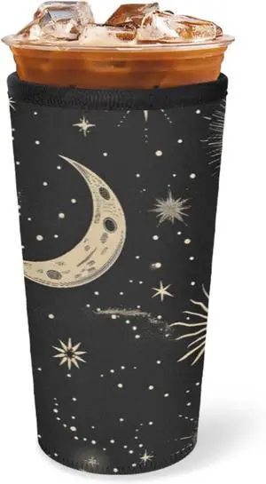 Reusable Iced Coffee Sleeve with Handle, Moon & Stars Black Coffee Cup Sleeves for Cold Drinks, Neoprene Cup Sleeve Insulated Cooler, Cup Holder Prevents Condensation for Cars 24-28oz Reusable Iced Coffee Sleeve with Handle, Moon & Stars Black Coffee Cup Sleeves for Cold Drinks, Neoprene Cup Sleeve Insulated Cooler, Cup Holder Prevents Condensation for Cars 24-28oz