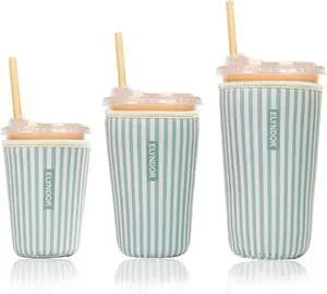 Reusable Insulated Sleeve for Iced Coffee Cup, 3-Pack Coffee Neoprene Drink Sleeve for Cold & Hot Drinks, Beverage Holder for Iced Coffee (Green Stripes) Reusable Insulated Sleeve for Iced Coffee Cup, 3-Pack Coffee Neoprene Drink Sleeve for Cold & Hot Drinks, Beverage Holder for Iced Coffee (Green Stripes)