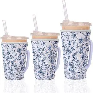 Blue Floral Reusable Insulated Iced Coffee Cup Sleeve, Blue and White Porcelain Style Drink Sleeve for Cold Beverages, Flower Insulated Cup Holder for Coffee (3 Size) Blue Floral Reusable Insulated Iced Coffee Cup Sleeve, Blue and White Porcelain Style Drink Sleeve for Cold Beverages, Flower Insulated Cup Holder for Coffee (3 Size)