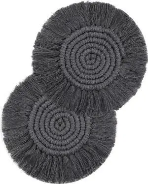 Boho Coasters Set of 2 for Drinks Absorbent, Macrame Cotton Coasters for Wooden Table Round Drink Coaster Set with Tassels Housewarming Gift Bar Coffee Table Office Desk Decor (Gray) Boho Coasters Set of 2 for Drinks Absorbent, Macrame Cotton Coasters for Wooden Table Round Drink Coaster Set with Tassels Housewarming Gift Bar Coffee Table Office Desk Decor (Gray)