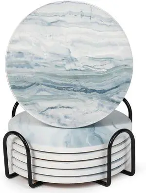 Acejoz Drink Coasters with Holder for Coffee Table, Absorbent Coasters Set of 6, Marble Style Ceramic Coaster for Wooden Table, Suitable for Kinds of Cups, Home Decor, 4 Inches(Blue) Acejoz Drink Coasters with Holder for Coffee Table, Absorbent Coasters Set of 6, Marble Style Ceramic Coaster for Wooden Table, Suitable for Kinds of Cups, Home Decor, 4 Inches(Blue)
