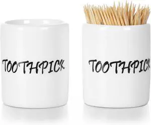 LEETOYI Ceramic Toothpick Holder Dispenser, Set of 2, White LEETOYI Ceramic Toothpick Holder Dispenser, Set of 2, White