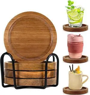 Acacia Wood Coasters Set of 4 with Holder, Wooden Coasters for Drinks | 4 in Diameter Coasters with Foam Feet, Anti-Slip, Heat-Resistant Elegant Rustic Home Decor & Perfect Housewarming Gift Acacia Wood Coasters Set of 4 with Holder, Wooden Coasters for Drinks | 4 in Diameter Coasters with Foam Feet, Anti-Slip, Heat-Resistant Elegant Rustic Home Decor & Perfect Housewarming Gift