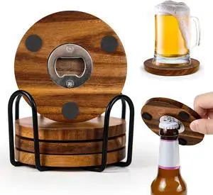 2-in-1 Wood Coasters with Bottle Opener, Set of 4 with Holder | 4 in Diameter Unique Acacia Wood Drink Coasters with Stainless Steel Openers and Non-Slip Feet, Beer Coasters, Gifts for Men 2-in-1 Wood Coasters with Bottle Opener, Set of 4 with Holder | 4 in Diameter Unique Acacia Wood Drink Coasters with Stainless Steel Openers and Non-Slip Feet, Beer Coasters, Gifts for Men