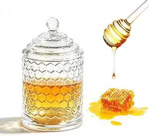 10 Oz Glass Honey Jar, With Lid And Dipper Honeycomb Crystal Design Syrup Storage Container For Home Kitchen Use 10 Oz Glass Honey Jar, With Lid And Dipper Honeycomb Crystal Design Syrup Storage Container For Home Kitchen Use