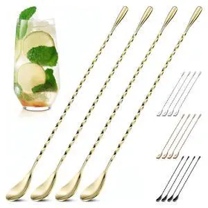 Gold Bar Spoon Set of 4, 12 Inch, Stainless Steel, Spiral-Pattern Stem | Gold Coffee Spoons; Rust-Resistant, Dishwasher Safe; for Cocktails, Smoothies, Iced Coffee, and Floats; Sugar Spoon Gold Bar Spoon Set of 4, 12 Inch, Stainless Steel, Spiral-Pattern Stem | Gold Coffee Spoons; Rust-Resistant, Dishwasher Safe; for Cocktails, Smoothies, Iced Coffee, and Floats; Sugar Spoon
