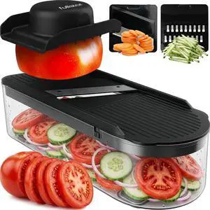 Fullstar Essential Mandoline Vegetable Slicer & Julienne Cutter | 2 in 1 Compact Fruit Cutter, Cucumber Slicer & Cheese Grater, with Stainless Steel Blades, Guard & 3-Cup Container (Black) Fullstar Essential Mandoline Vegetable Slicer & Julienne Cutter | 2 in 1 Compact Fruit Cutter, Cucumber Slicer & Cheese Grater, with Stainless Steel Blades, Guard & 3-Cup Container (Black)