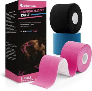 Adamson Kinesiology Tape Sports & Athletic Tape 2 in x 16 ft Elastic, Latex-Free, Water-Resistant Muscle Support Tape 3 Rolls (Black, Blue, Pink) for Training & Recovery Adamson Kinesiology Tape Sports & Athletic Tape 2 in x 16 ft Elastic, Latex-Free, Water-Resistant Muscle Support Tape 3 Rolls (Black, Blue, Pink) for Training & Recovery