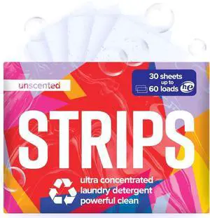 STRIPS Laundry Detergent Sheets Unscented (30ct, 60 loads) Fragrance Free Eco Liquidless Soap, Travel-Friendly, Dissolves in Hot & Cold, Hypoallergenic, Tackles Tough Stains & Odors STRIPS Laundry Detergent Sheets Unscented (30ct, 60 loads) Fragrance Free Eco Liquidless Soap, Travel-Friendly, Dissolves in Hot & Cold, Hypoallergenic, Tackles Tough Stains & Odors