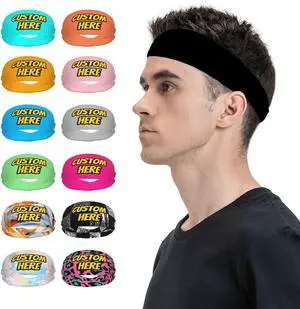 Custom Sport Headband Moisture Wicking Stretch Headbands | Personalized Headbands with Any Photo Text Logo, Customize Gift for Women Men, Black Custom Sport Headband Moisture Wicking Stretch Headbands | Personalized Headbands with Any Photo Text Logo, Customize Gift for Women Men, Black