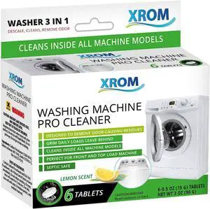XROM Plant Based, Washer Cleaner And Descaler, Removes Odors, Limescale & Detergent Build-Up, Removes Hard Water Stains, For Front and Top Load, 6 Per Pack (Lemon) XROM Plant Based, Washer Cleaner And Descaler, Removes Odors, Limescale & Detergent Build-Up, Removes Hard Water Stains, For Front and Top Load, 6 Per Pack (Lemon)