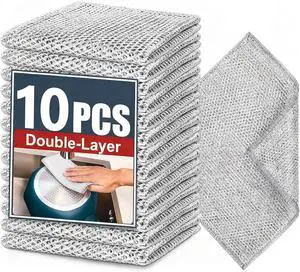 Double-Layer Steel Wire Cleaning Cloth - Non-Scratch Wire Dishcloth Rag Heavy Duty Scrub Pads Multi-Purpose Silver Mesh Scouring Pads for Dishes, Pots, Pans (10 pcs) Double-Layer Steel Wire Cleaning Cloth - Non-Scratch Wire Dishcloth Rag Heavy Duty Scrub Pads Multi-Purpose Silver Mesh Scouring Pads for Dishes, Pots, Pans (10 pcs)