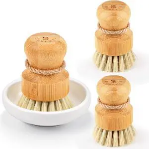 SUBEKYU Bamboo Dish Scrub Brush,Produce Brush,3 Pack with Ceramic Holder | Vegetable Brush,Natural Sisal Bristles,Kitchen Wooden Cleaning Scrubbers Set SUBEKYU Bamboo Dish Scrub Brush,Produce Brush,3 Pack with Ceramic Holder | Vegetable Brush,Natural Sisal Bristles,Kitchen Wooden Cleaning Scrubbers Set