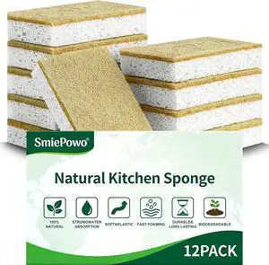 Natural Kitchen Sponge Compostable Kitchen Sponges Cellulose and Coconut Scrubber Abrasive Scrubbing Pads SmilePowo Environmentally Friendly Sponge for Dishes (12 Pack) Natural Kitchen Sponge Compostable Kitchen Sponges Cellulose and Coconut Scrubber Abrasive Scrubbing Pads SmilePowo Environmentally Friendly Sponge for Dishes (12 Pack)