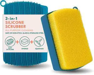 3-in-1 Silicone Scrubber Sponge with Squeegee Non-Scratch Kitchen Sponge for Dishes, Sink & Bathroom, Quick-Dry, Reusable Cleaning Tool (Teal +Yellow) 3-in-1 Silicone Scrubber Sponge with Squeegee Non-Scratch Kitchen Sponge for Dishes, Sink & Bathroom, Quick-Dry, Reusable Cleaning Tool (Teal +Yellow)