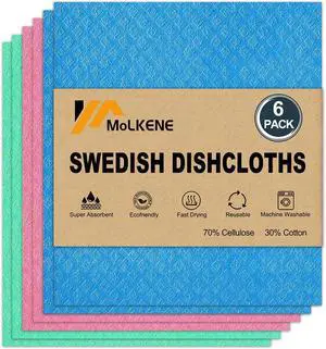MoLKENE Swedish Dishcloths for Kitchen, 6 Pack Cellulose Sponge Cloths | Non-Scratch Reusable Paper Towels Washable, Absorbent Quick-Drying Cleaning Cloths Dish Rags, 7.7 x 6.9, Assorted Colors MoLKENE Swedish Dishcloths for Kitchen, 6 Pack Cellulose Sponge Cloths | Non-Scratch Reusable Paper Towels Washable, Absorbent Quick-Drying Cleaning Cloths Dish Rags, 7.7 x 6.9, Assorted Colors