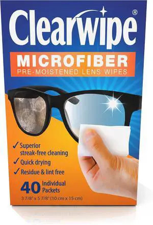 ClearWipe Microfiber Pre-Moistened Lens Wipes, Individual Packets, 40 Count | Pre-moistened soft wipes provide superior streak-free cleaning. Quick drying. Removes dust & grease. Residue & lint free. ClearWipe Microfiber Pre-Moistened Lens Wipes, Individual Packets, 40 Count | Pre-moistened soft wipes provide superior streak-free cleaning. Quick drying. Removes dust & grease. Residue & lint free.