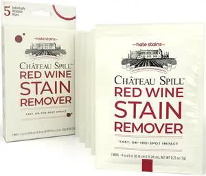 Chateau Spill Wine Stain Remover Wipes, On The Go Stain Wipes, 5 Count | Individually Wrapped; To-Go Wipes; for Stubborn Stains on Clothes, Tablecloth, Carpet, Upholstery Laundry Chateau Spill Wine Stain Remover Wipes, On The Go Stain Wipes, 5 Count | Individually Wrapped; To-Go Wipes; for Stubborn Stains on Clothes, Tablecloth, Carpet, Upholstery Laundry