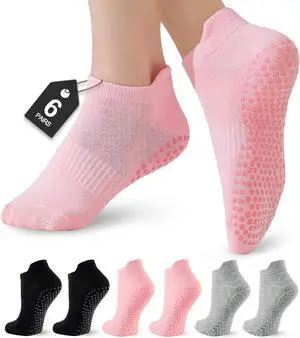 6 Pairs Pilates Socks for Women, Grip Yoga Crew Socks, Non Slip Grippy for Barre, Ballet, Dance & Hospital 6 Pairs Pilates Socks for Women, Grip Yoga Crew Socks, Non Slip Grippy for Barre, Ballet, Dance & Hospital