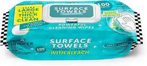 Juniper CLEAN Single Surface Wipes with Bleach, Thick & Large Dispose, All-Purpose Cleaner for Bathroom, Kitchen, Office, 100 Count Soft Flow, Biodegradable, Fresh Scent Juniper CLEAN Single Surface Wipes with Bleach, Thick & Large Dispose, All-Purpose Cleaner for Bathroom, Kitchen, Office, 100 Count Soft Flow, Biodegradable, Fresh Scent