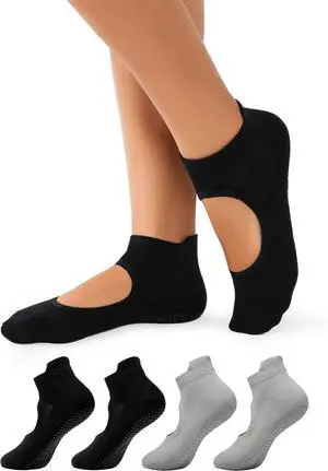 4 Pairs Pilates Socks with Grips for Women Anti Slip Yoga Sock | Cotton Blend Material, Heel Protection, Non Slip Grip Yoga Socks, Crew Non Slip Grip Yoga Socks for Barre,Hospital, Barefoot 4 Pairs Pilates Socks with Grips for Women Anti Slip Yoga Sock | Cotton Blend Material, Heel Protection, Non Slip Grip Yoga Socks, Crew Non Slip Grip Yoga Socks for Barre,Hospital, Barefoot