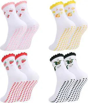 4 Pairs Cute Pilates Socks with Grip for Women Cotton Ruffle | Crew Yoga Socks Embroidery Pattern Workout Ballet Camping Running Travel 4 Pairs Cute Pilates Socks with Grip for Women Cotton Ruffle | Crew Yoga Socks Embroidery Pattern Workout Ballet Camping Running Travel