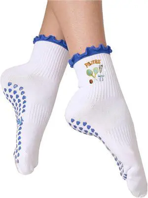Women's Cute Grip Pilates Socks Non-Slip Yoga Ballet Socks with Ruffle Cuff & Embroidery Women's Cute Grip Pilates Socks Non-Slip Yoga Ballet Socks with Ruffle Cuff & Embroidery