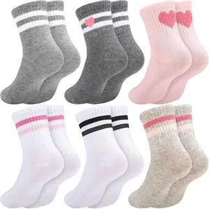 Jspupifip 6 Pairs of Kids Athletic Socks, Crew Athletic Socks for Girls | Hearts Stripes Combed Cotton Socks with High Ribbed Top Cuffs, Kids Girls and Boys to Little Kids 8-10 Years Old Jspupifip 6 Pairs of Kids Athletic Socks, Crew Athletic Socks for Girls | Hearts Stripes Combed Cotton Socks with High Ribbed Top Cuffs, Kids Girls and Boys to Little Kids 8-10 Years Old