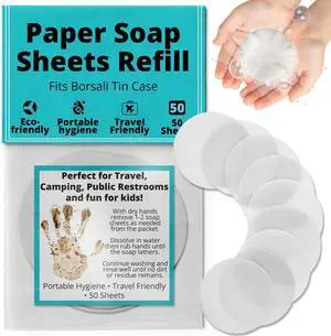 BORSALI Paper Soap Sheets, 50 Sheets - Refill | Portable Hand Soap, For Traveling, Dissolvable, For Hiking, Camping, Public Restrooms BORSALI Paper Soap Sheets, 50 Sheets - Refill | Portable Hand Soap, For Traveling, Dissolvable, For Hiking, Camping, Public Restrooms