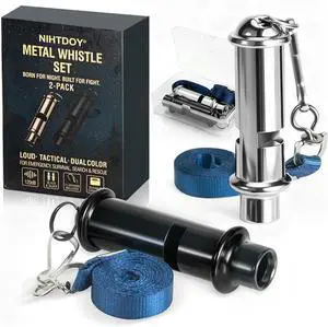 120dB Emergency Whistles 2 Pack, Solid Iron, Black & Silver | Pealess design, nylon lanyards, clear case, black coated & silver iron, hiking, camping, coaching, emergency kits 120dB Emergency Whistles 2 Pack, Solid Iron, Black & Silver | Pealess design, nylon lanyards, clear case, black coated & silver iron, hiking, camping, coaching, emergency kits