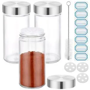3oz Spice Jar with Stainless Steel Shaker Lids, 3 Pack 90ml Round Spices Jars for Salt and Pepper Storage, Small Glass Seasoning Container Set, Empty Spice Shakers with 7 Stickers and 1 Brush 3oz Spice Jar with Stainless Steel Shaker Lids, 3 Pack 90ml Round Spices Jars for Salt and Pepper Storage, Small Glass Seasoning Container Set, Empty Spice Shakers with 7 Stickers and 1 Brush