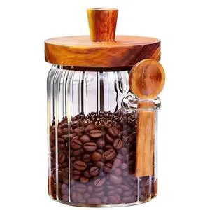 Glass Jar with Wooden Lid and Spoon, 20.3 Oz Airtight Storage Container, Coffee Canister for Coffee Grounds Beans Sugar Leaf Tea and More Glass Jar with Wooden Lid and Spoon, 20.3 Oz Airtight Storage Container, Coffee Canister for Coffee Grounds Beans Sugar Leaf Tea and More