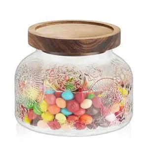 25 Oz Glass Candy Jar with Wooden Lid - Vintage Airtight Food Storage Container for Kitchen Pantry Office Decor, Clear Cookies Canister Organize Coffee Sugar Tea Spice Nuts Snacks 25 Oz Glass Candy Jar with Wooden Lid - Vintage Airtight Food Storage Container for Kitchen Pantry Office Decor, Clear Cookies Canister Organize Coffee Sugar Tea Spice Nuts Snacks